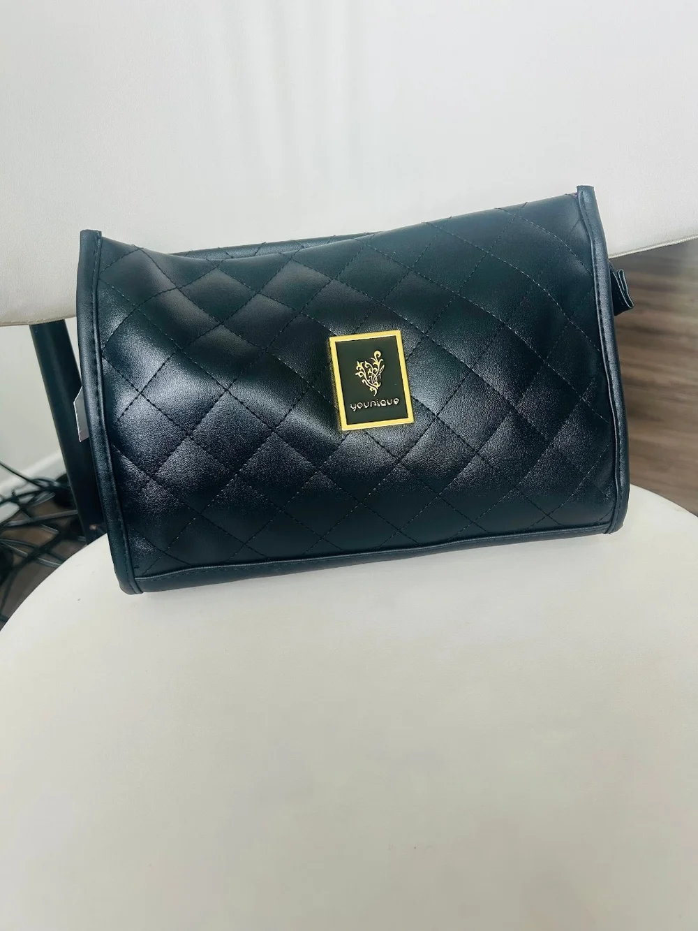 Younique Black Quilted Wristlet with Gold Logo Accent